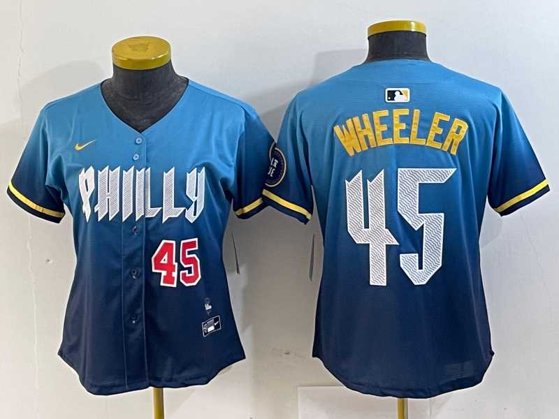 Women%27s Philadelphia Phillies #45 Zack Wheeler Blue 2024 City Player Number Cool Base Stitched Jerseys